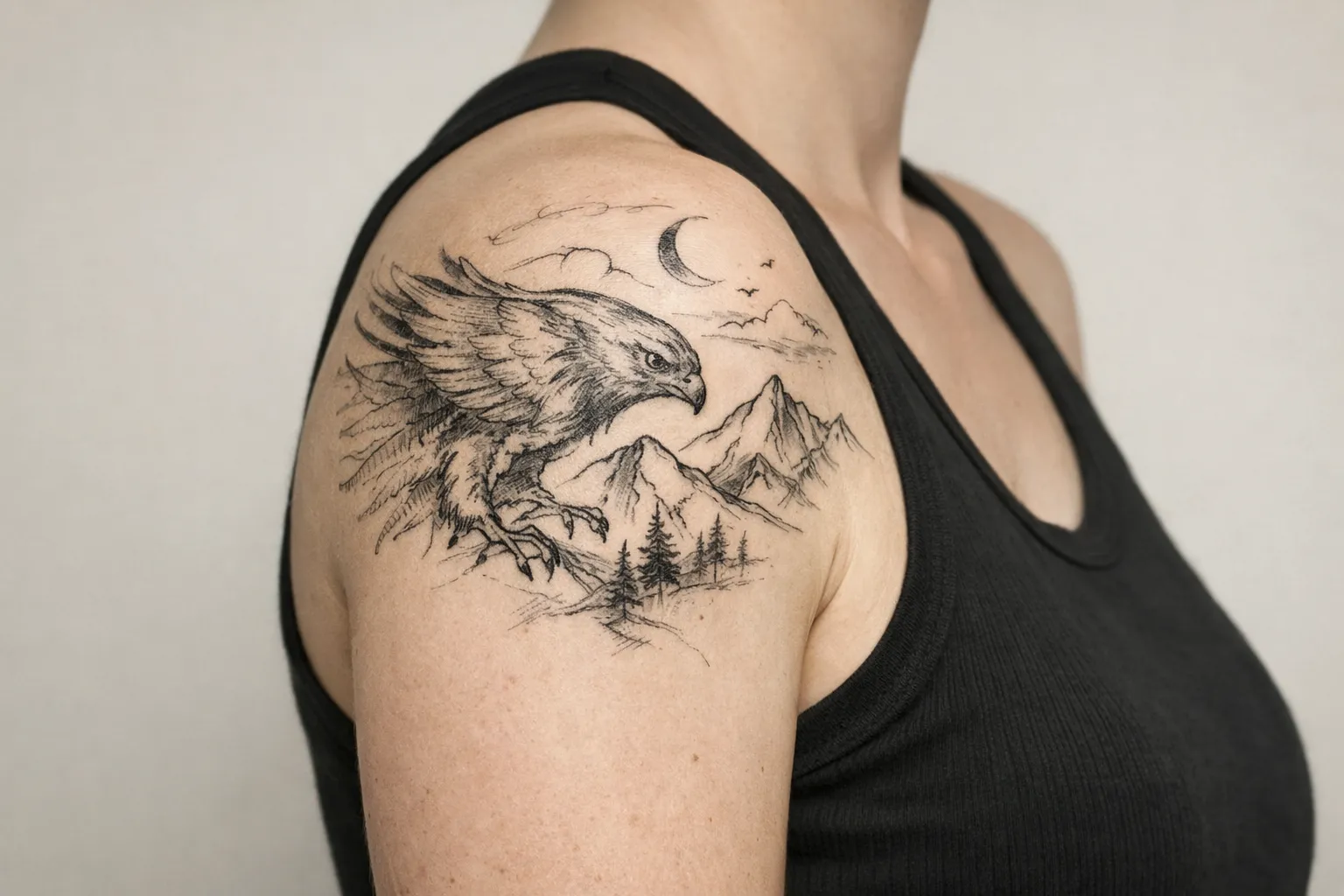 Person wearing a black tank top shows a shoulder tattoo of an eagle with mountains and trees.