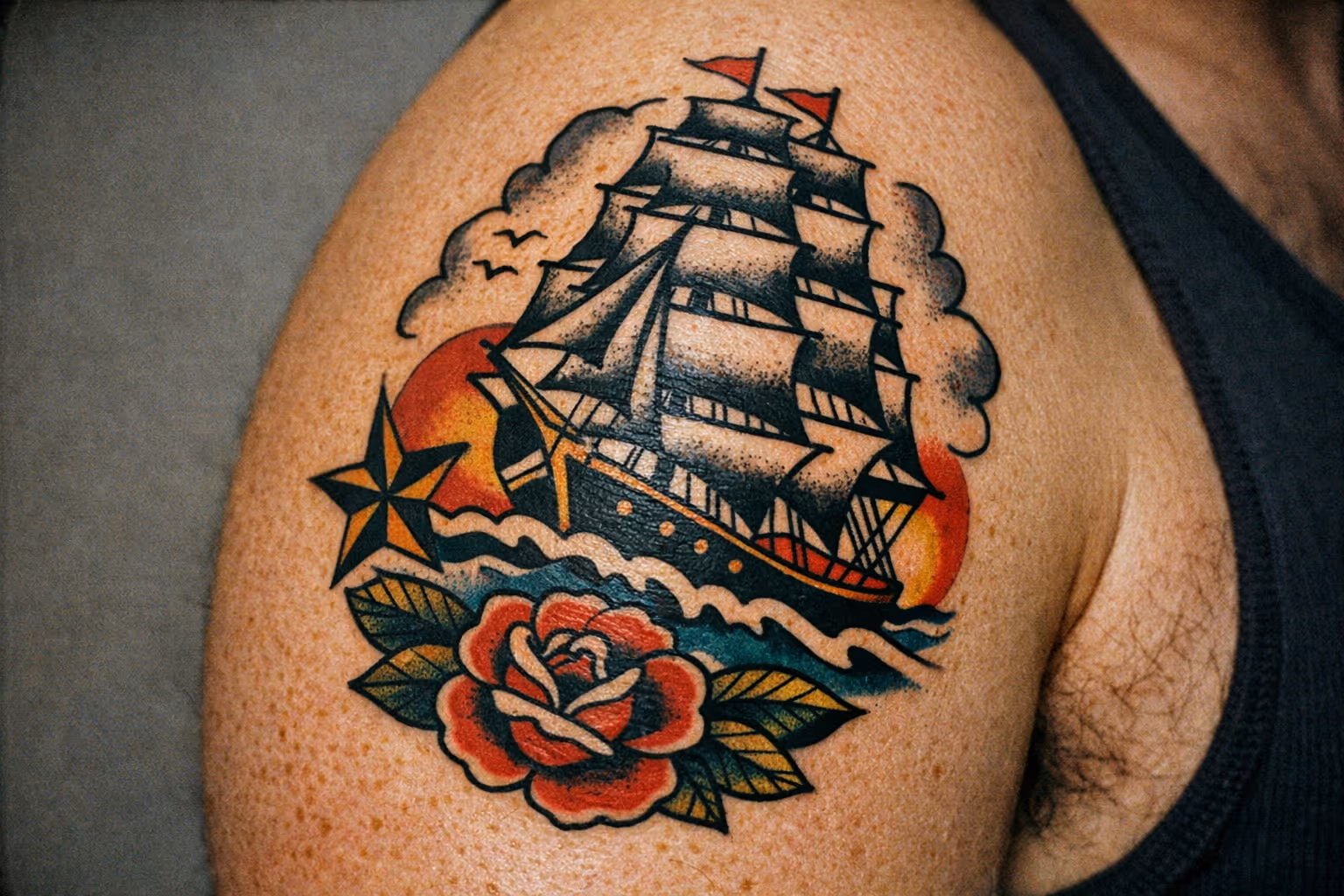 A person displays a colorful traditional ship tattoo on their upper shoulder.