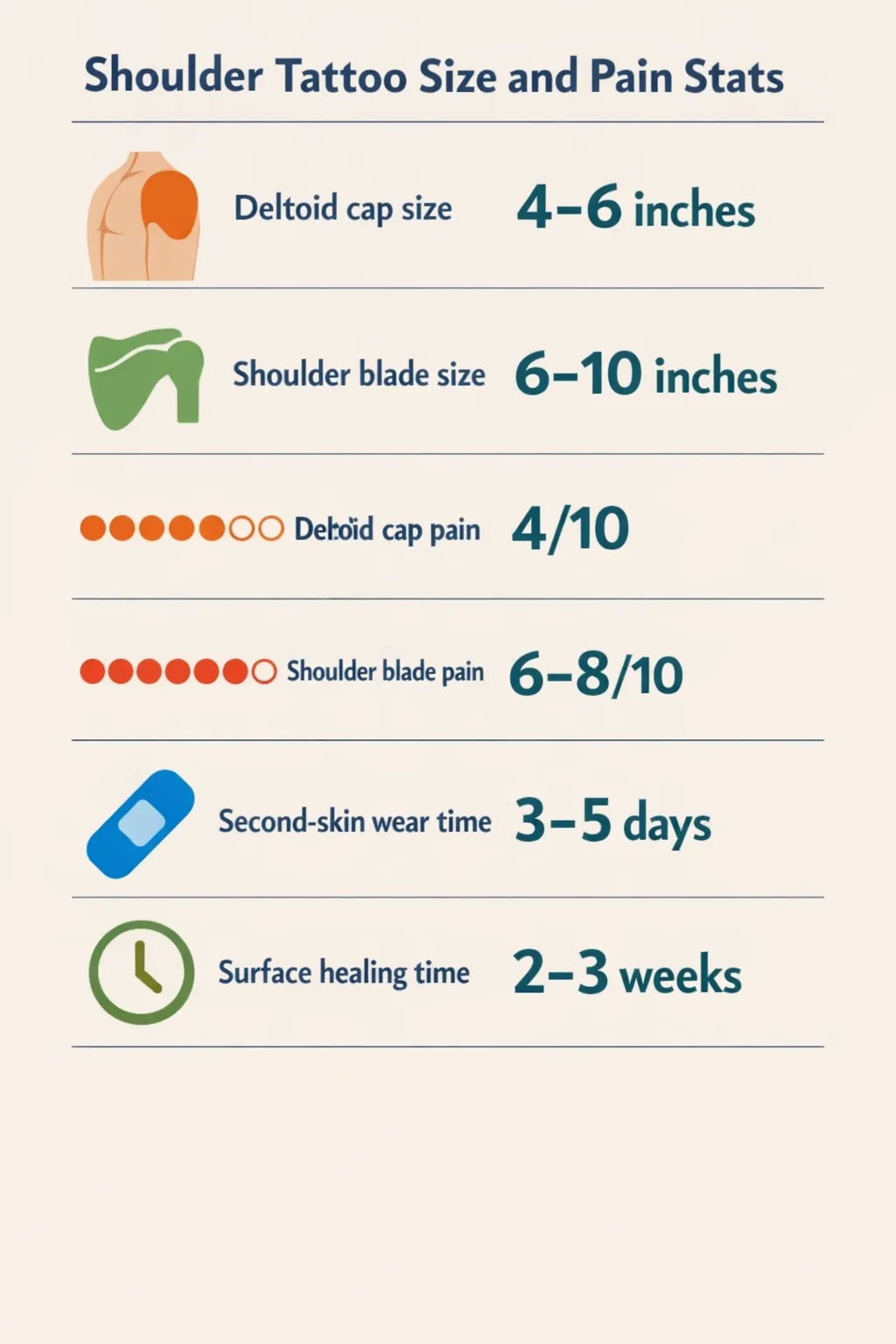 Infographic of shoulder tattoo stats: deltoid cap size 4-6 inches, shoulder blade size 6-10 inches, deltoid cap pain 4/10, shoulder blade pain 6-8/10, second-skin wear time 3-5 days, surface healing time 2-3 weeks