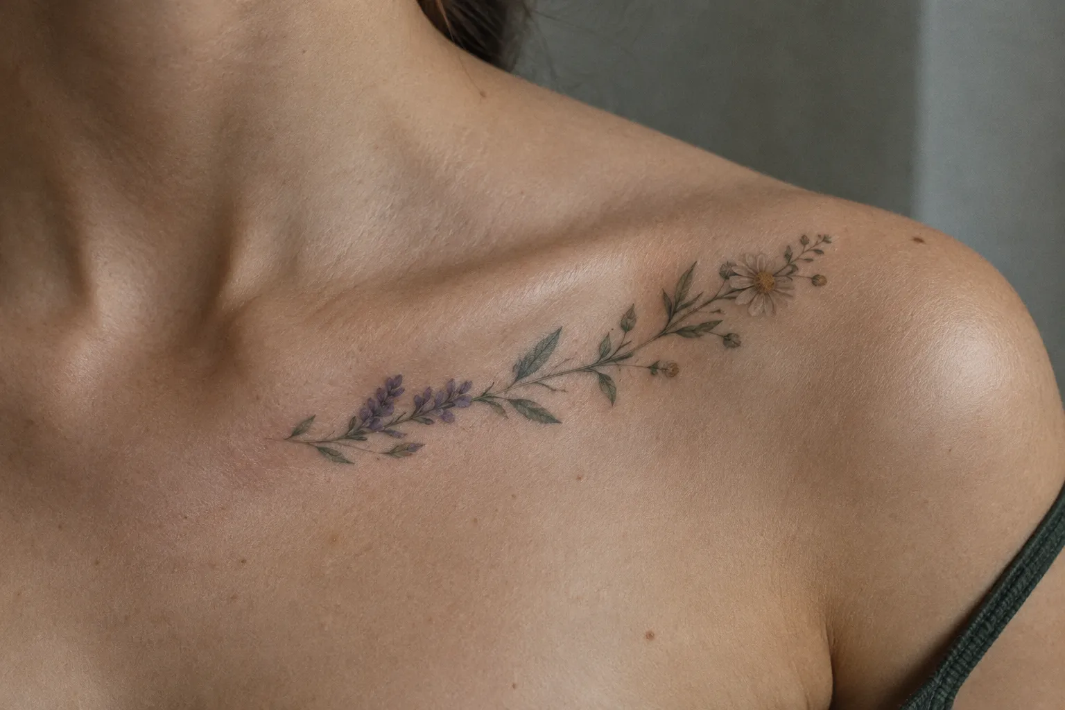 A floral tattoo follows the collarbone of a person's bare shoulder and chest.