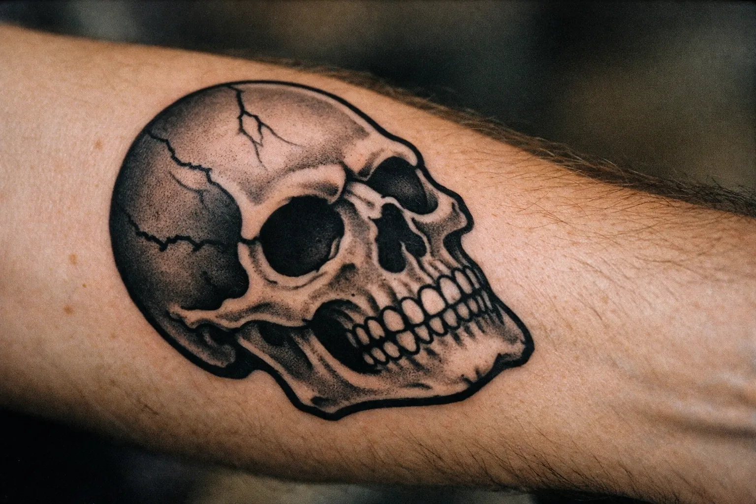 Close-up forearm skull tattoo with meaningful symbolism, strong linework and shading