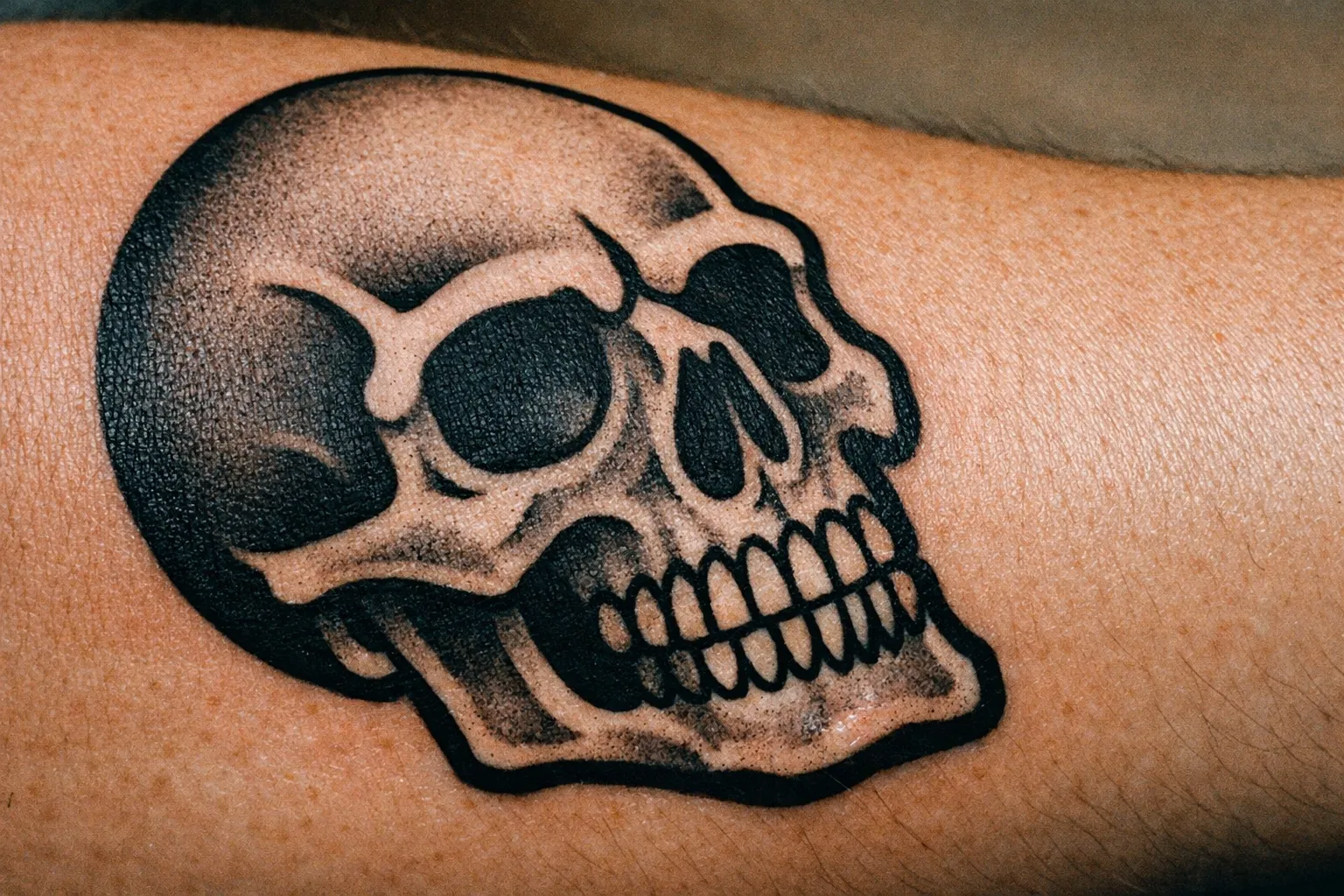 Bold skull tattoo on forearm with crisp lines and solid shading, designed for longevity