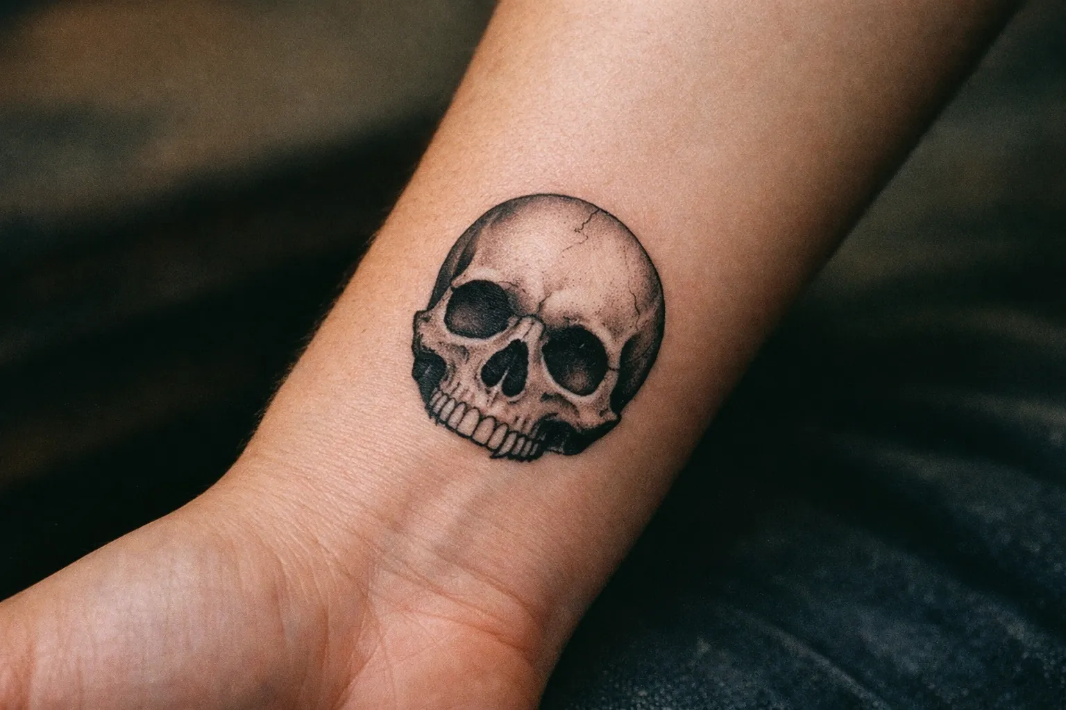 Forearm skull tattoo near the wrist illustrating placement options, minimal hand visibility