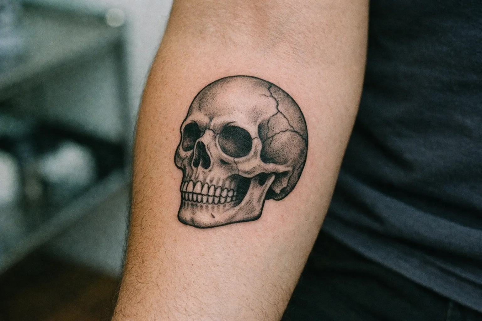 Medium-sized skull tattoo on forearm demonstrating scale suitable for a $500 budget