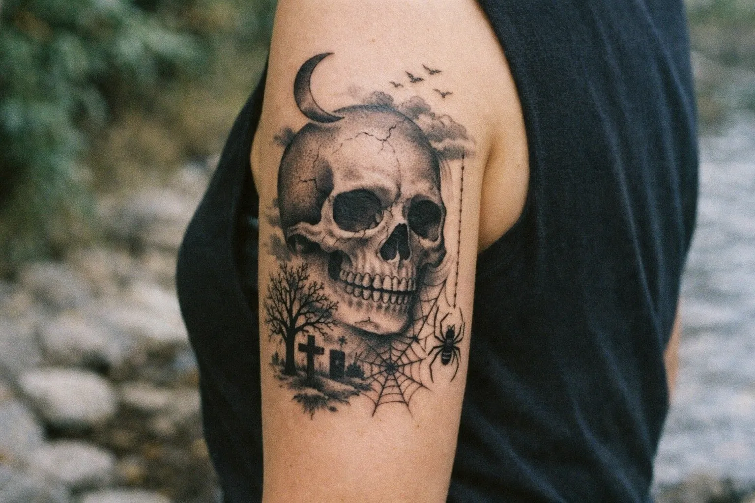 Skull tattoo arranged along an arm segment following the rule of thirds