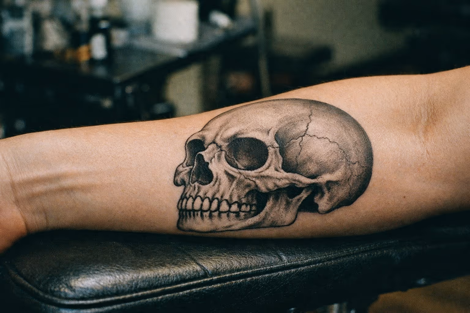 Editorial close-up of a skull tattoo on forearm, blackwork with crisp linework and shading