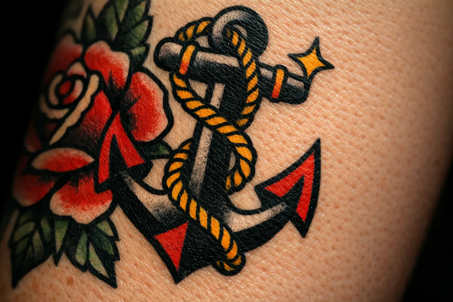 A traditional anchor and rose tattoo on human skin.