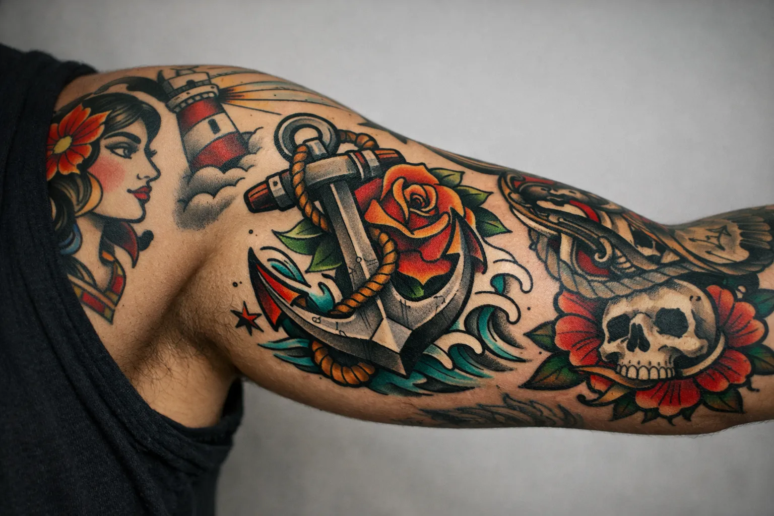 A person's upper arm displays a colorful sleeve tattoo featuring a woman, anchor, lighthouse, and skull.