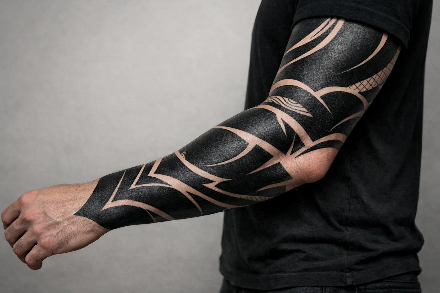 A person with a bold blackwork sleeve tattoo on their arm against a plain background.