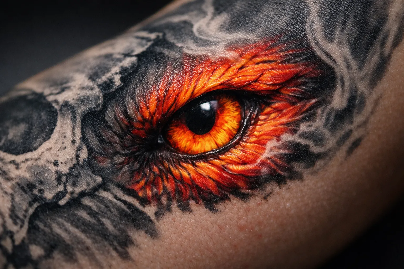 A detailed dragon eye tattoo is inked on a person's skin.