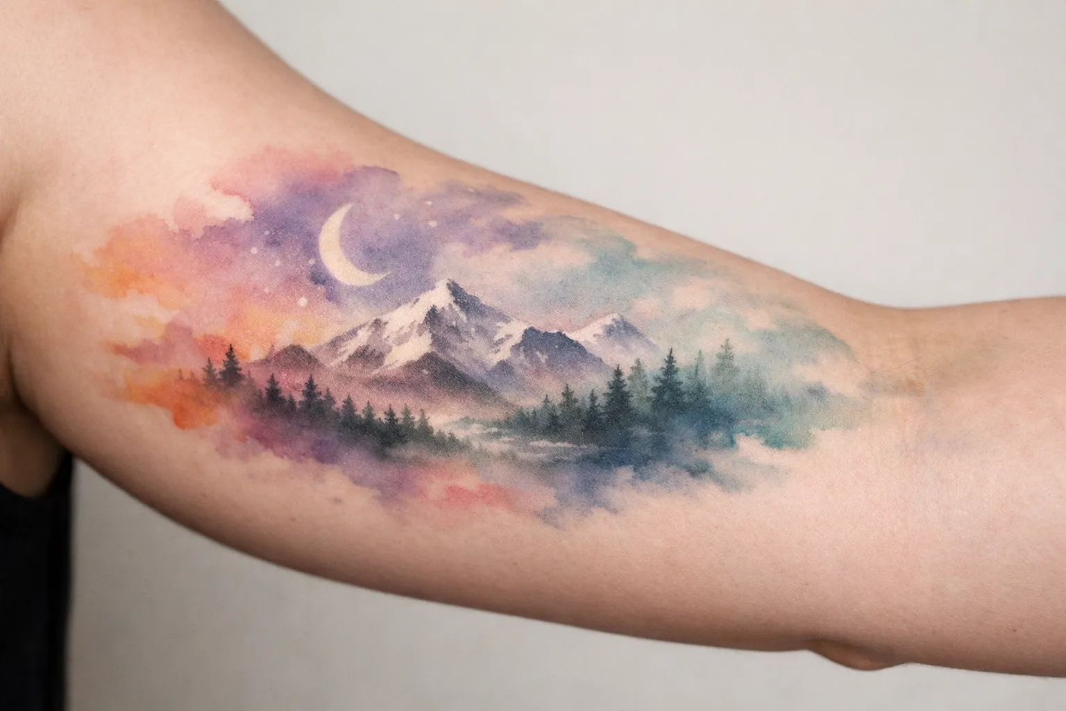 A person's inner upper arm with a colorful tattoo of a mountain landscape and crescent moon.