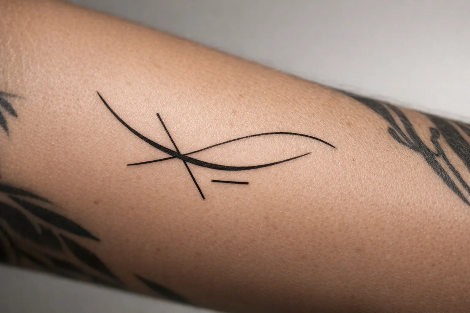 A forearm with a minimalist abstract line tattoo and parts of other tattoos visible.