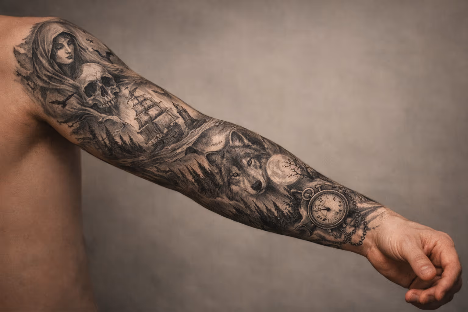 A person displays a detailed sleeve tattoo featuring a woman, skull, wolf, ship, and pocket watch.