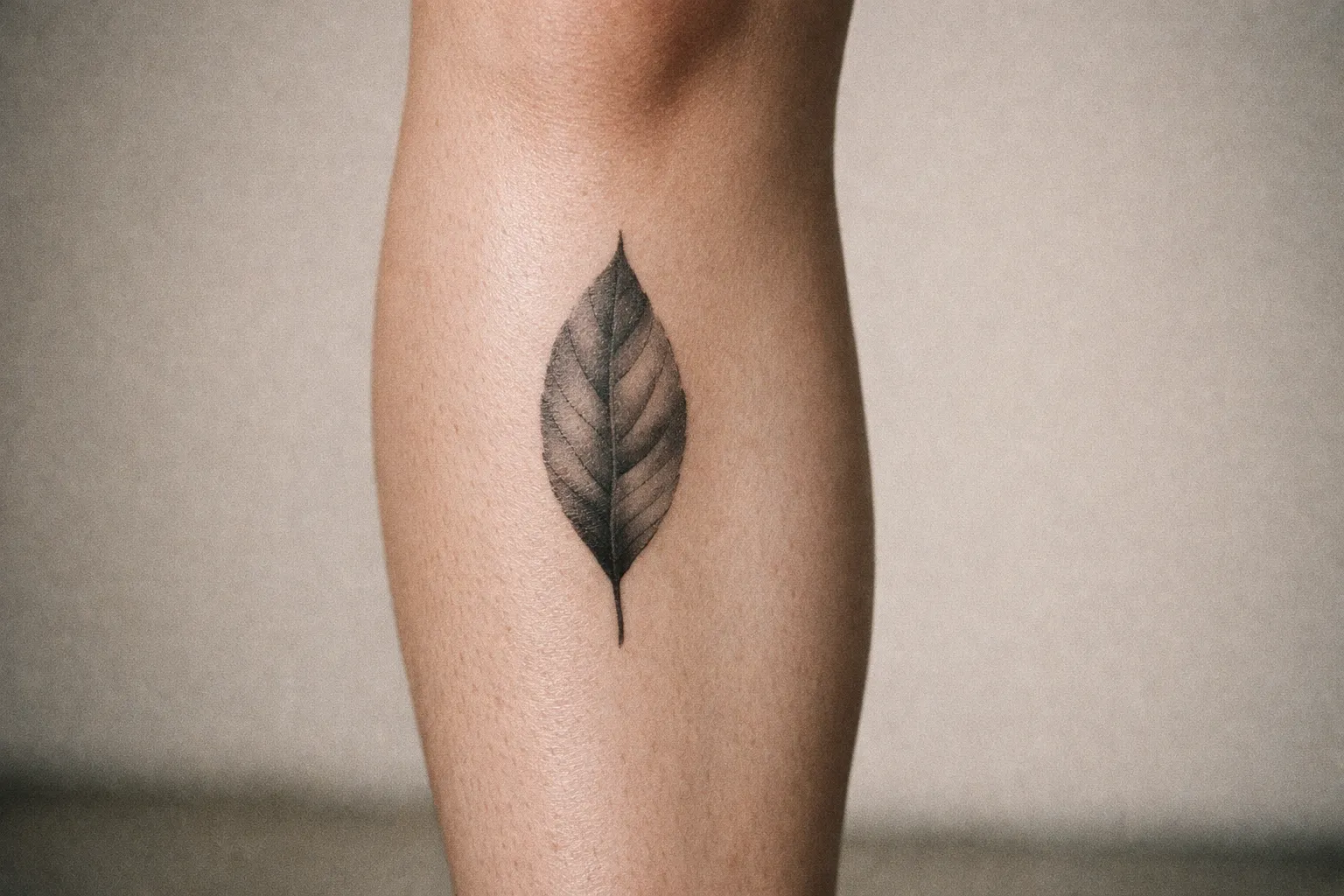 A single leaf tattoo on the back of a person's lower leg.
