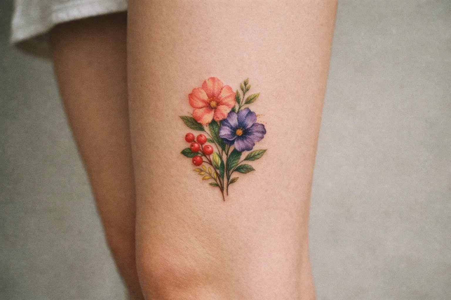 A small floral tattoo is shown on the side of a person's thigh.