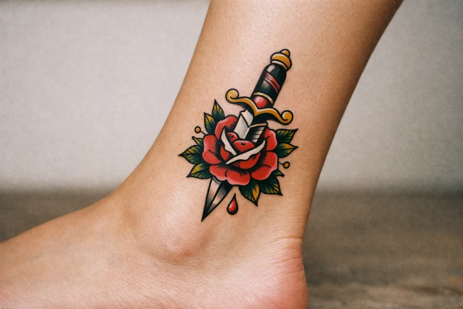 A dagger and rose tattoo on the side of a person's ankle.