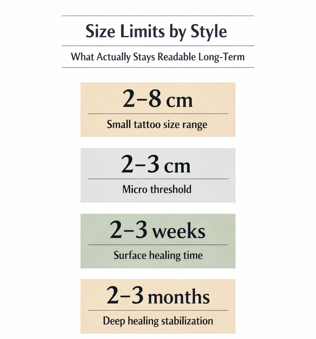Illustration shows four data points about small tattoos: size range, micro threshold, surface and deep healing time.