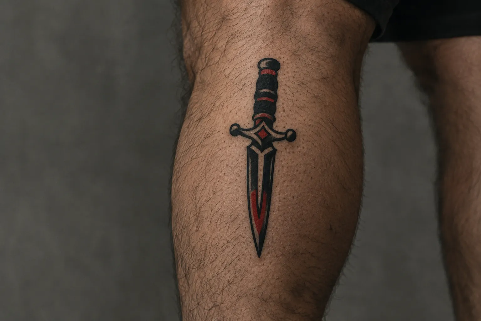 A man's calf bears a small black-and-red dagger tattoo.