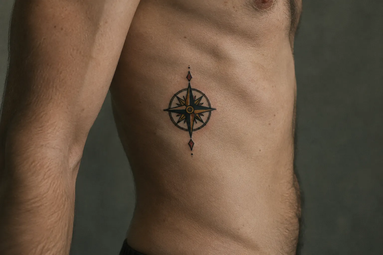 A shirtless man displays a small compass tattoo on his side.
