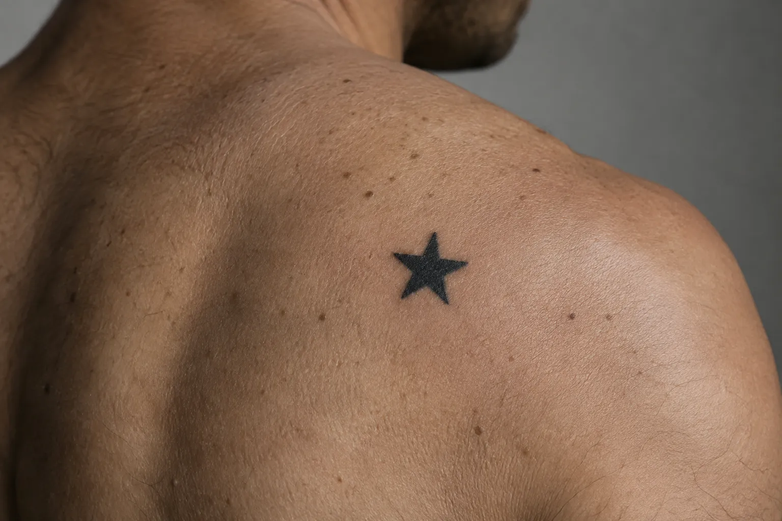 A man has a small black star tattoo on his shoulder.