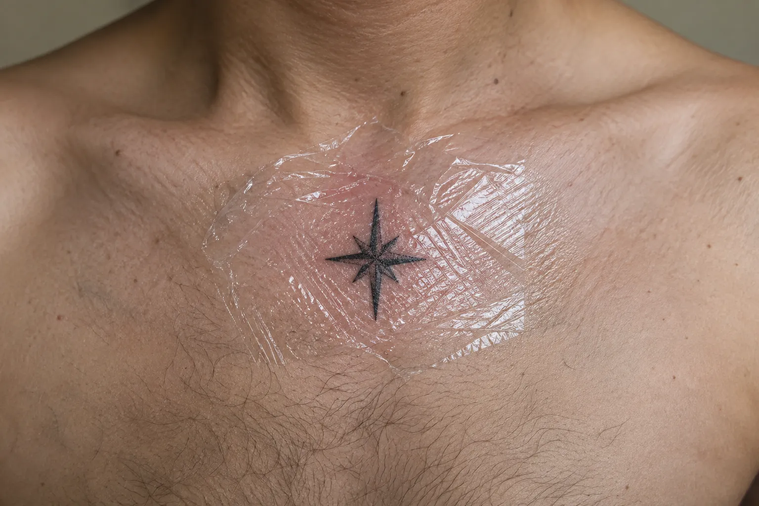 A man has a small black star tattoo under clear film on his chest.