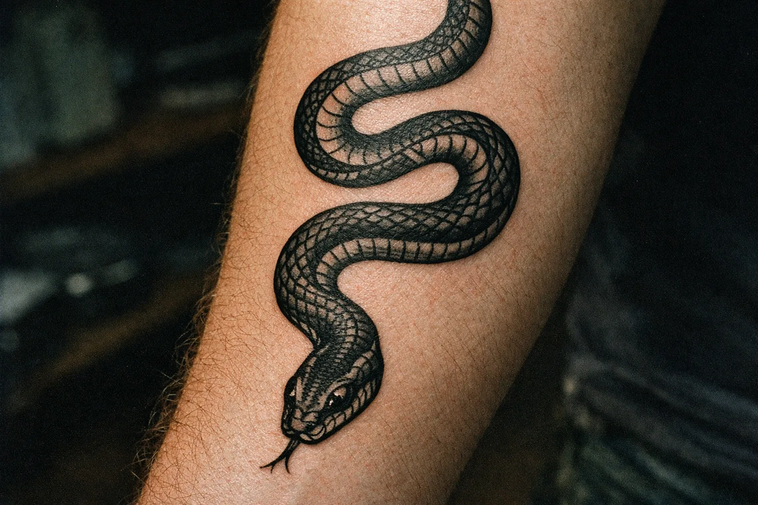 Close-up of a snake tattoo on the inner forearm with bold black outlines and subtle shading