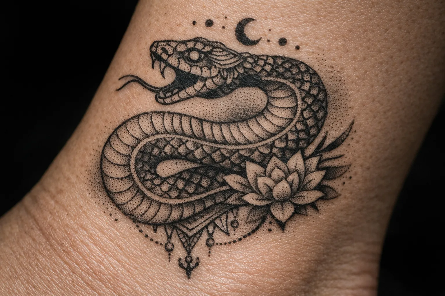 A snake tattoo with floral and crescent moon designs on a person's skin.