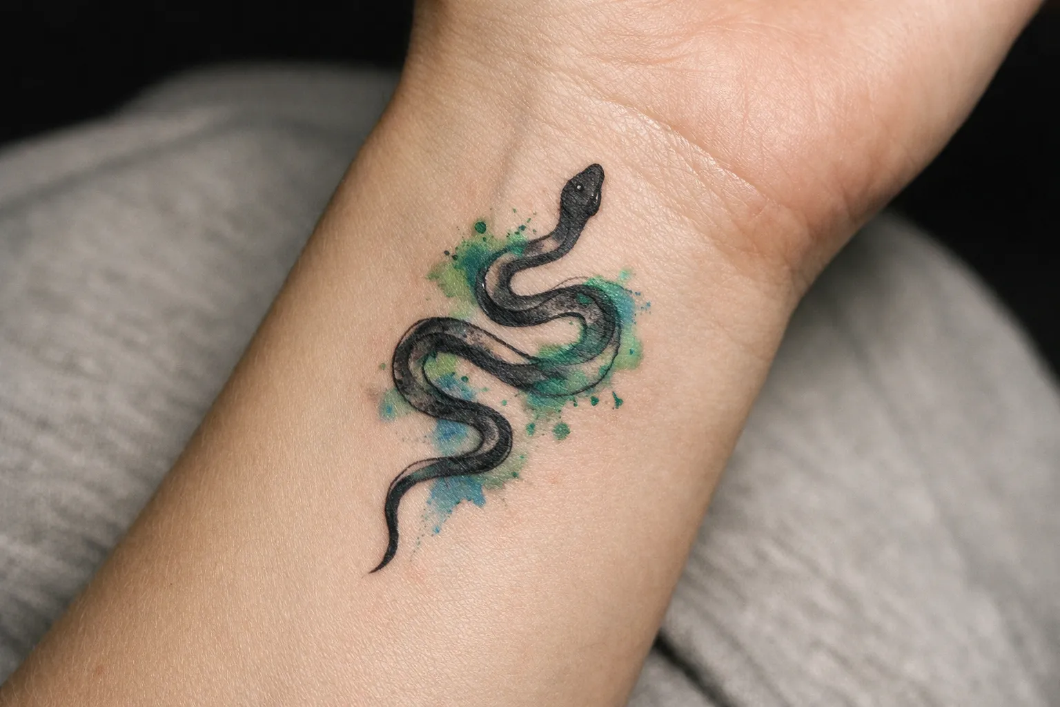A black snake tattoo with green and blue watercolor accents on a person's wrist.