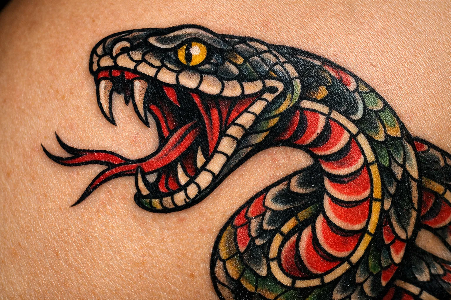 A colorful snake tattoo is inked on a person's skin.
