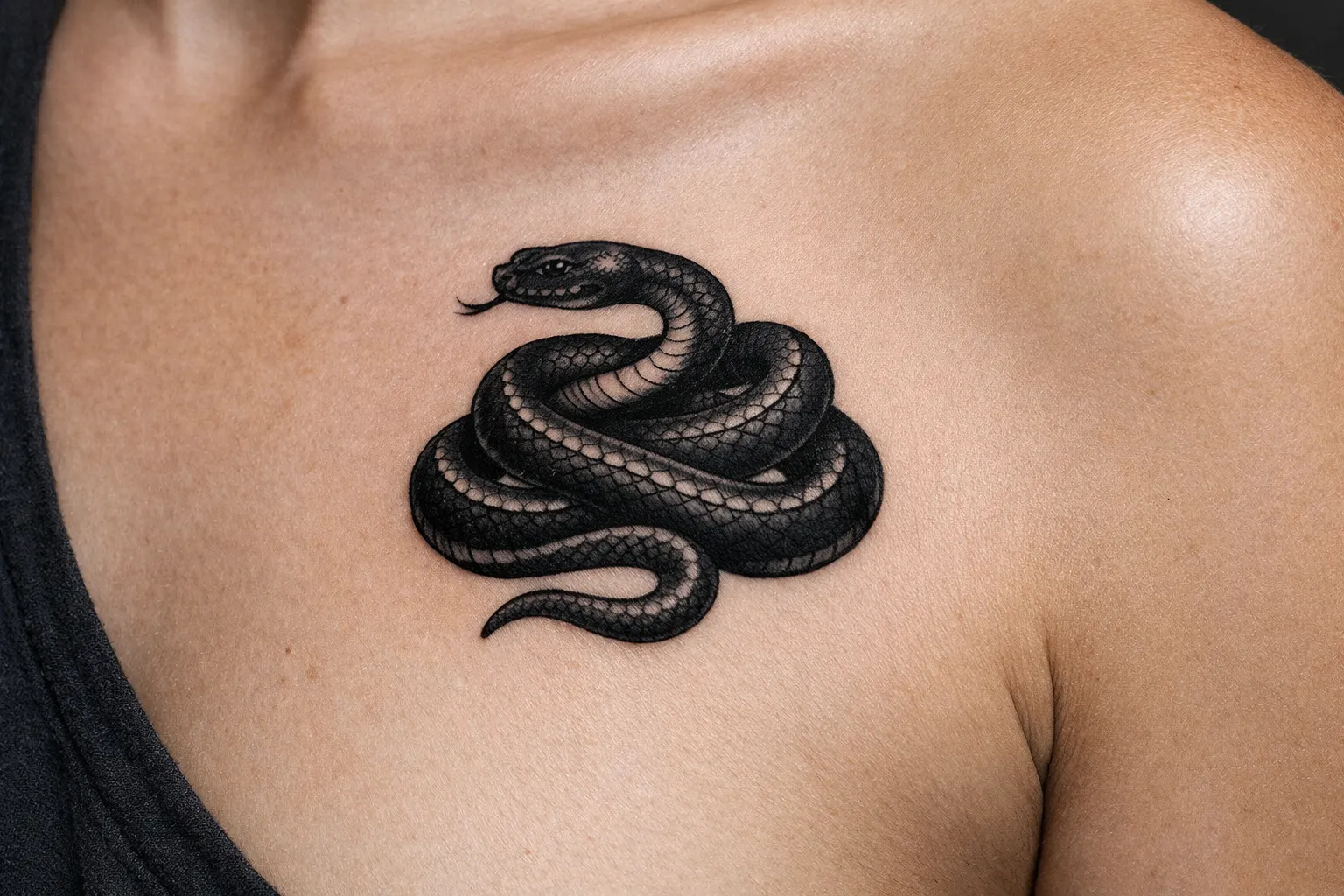 A coiled snake tattoo is shown on a person's upper chest near the collarbone.