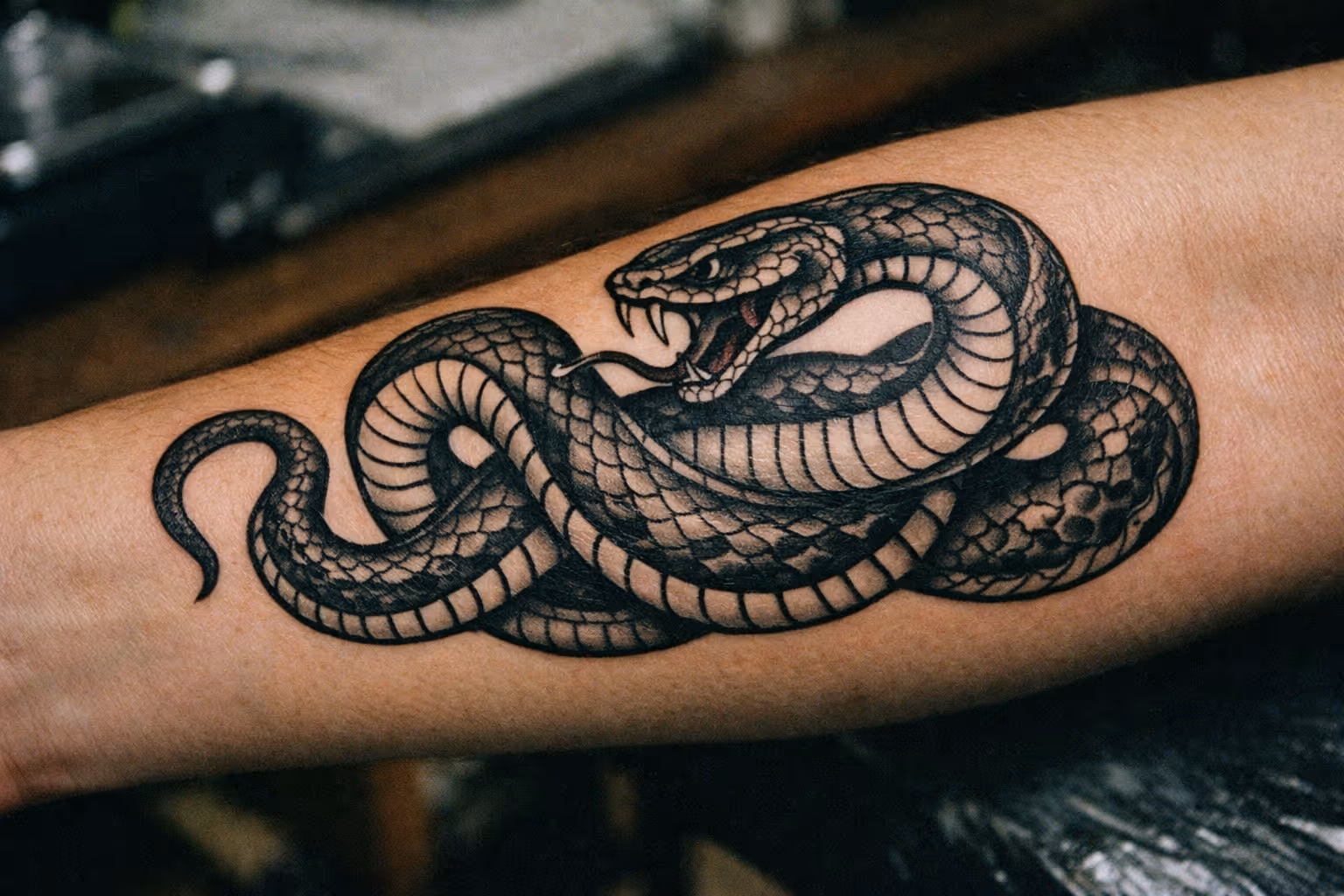 Editor’s hero shot: close-up editorial of a coiled snake tattoo on the forearm, showing bold linework and rich shading