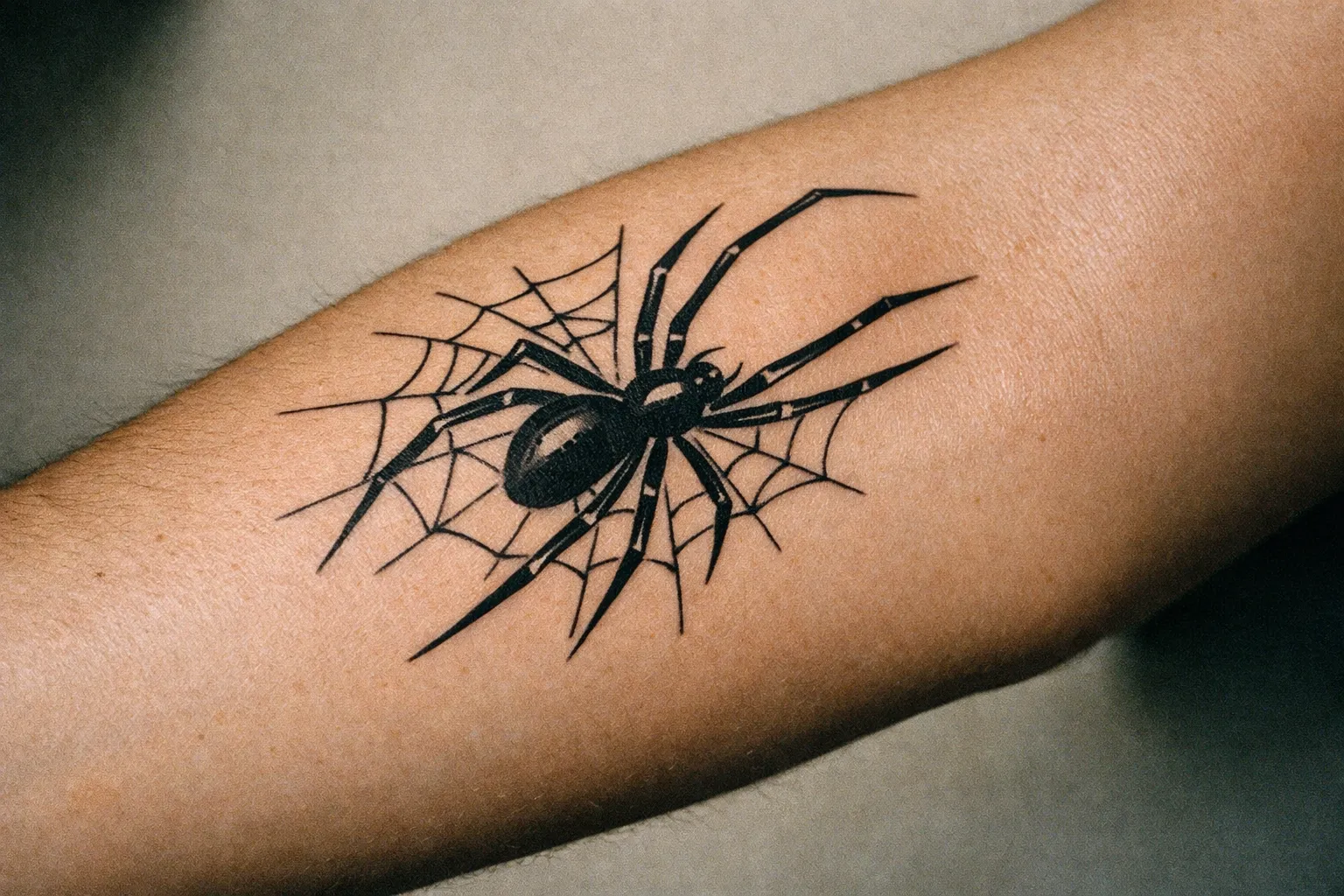 Macro shot of a forearm with a modern spider tattoo featuring geometric accents, lit editorially.