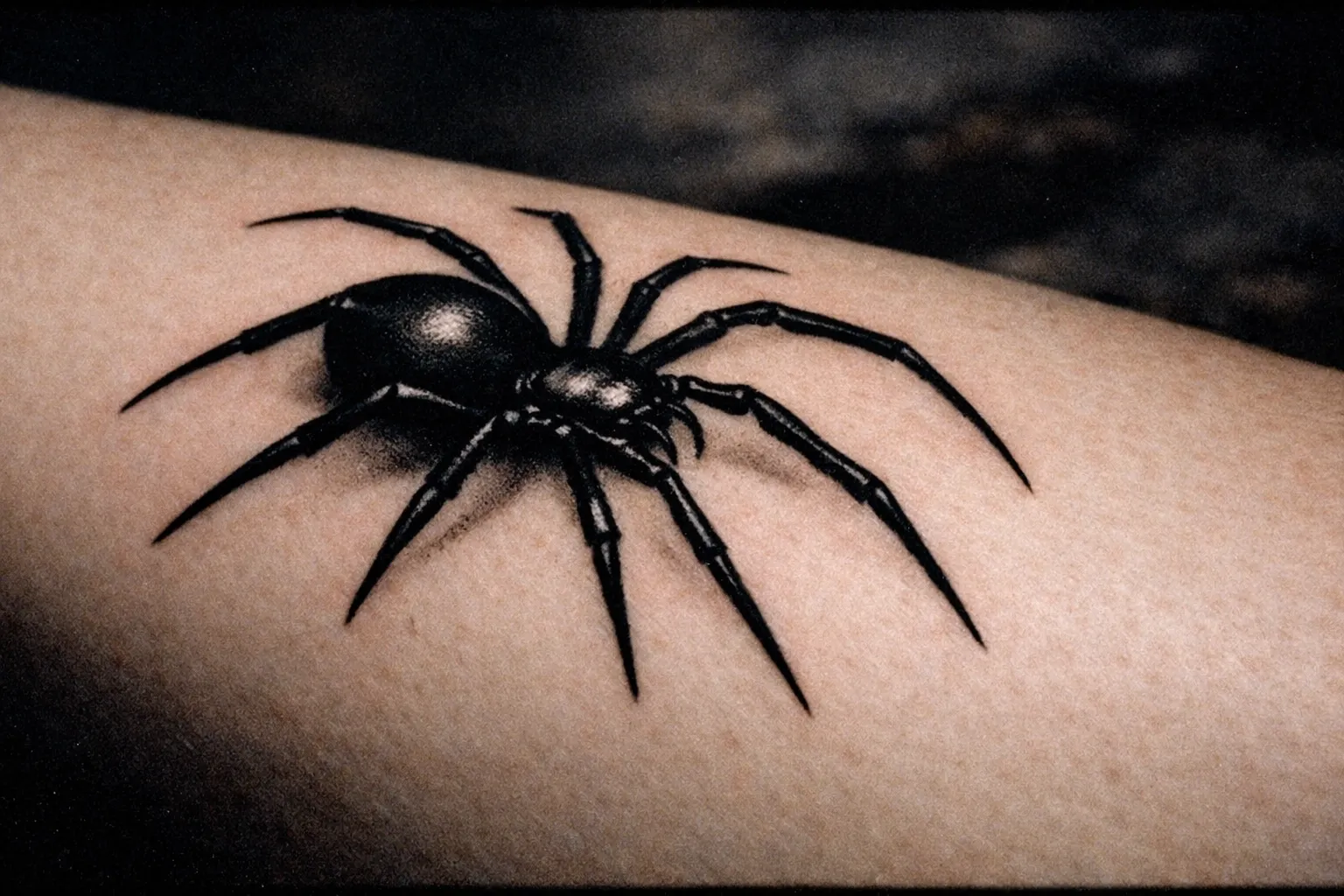 Dark spider tattoo on pale skin, photographed in moody studio lighting to emphasize symbolism.