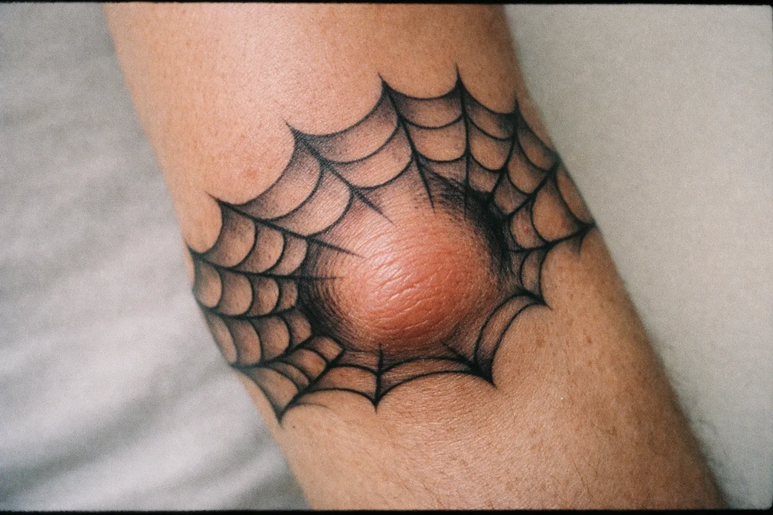 Elbow area with a spider web tattoo wrapping around the joint, skin texture and elbow curvature visible.