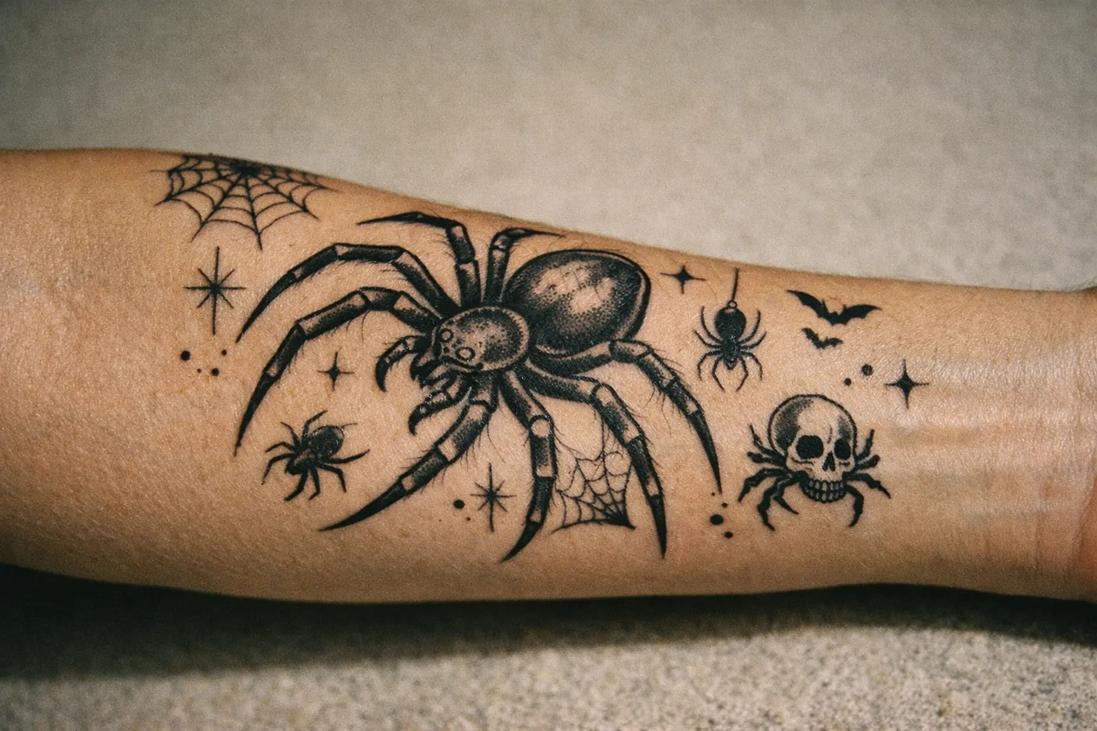 Forearm displaying a cohesive spider-themed design with a larger central spider and accompanying motifs.