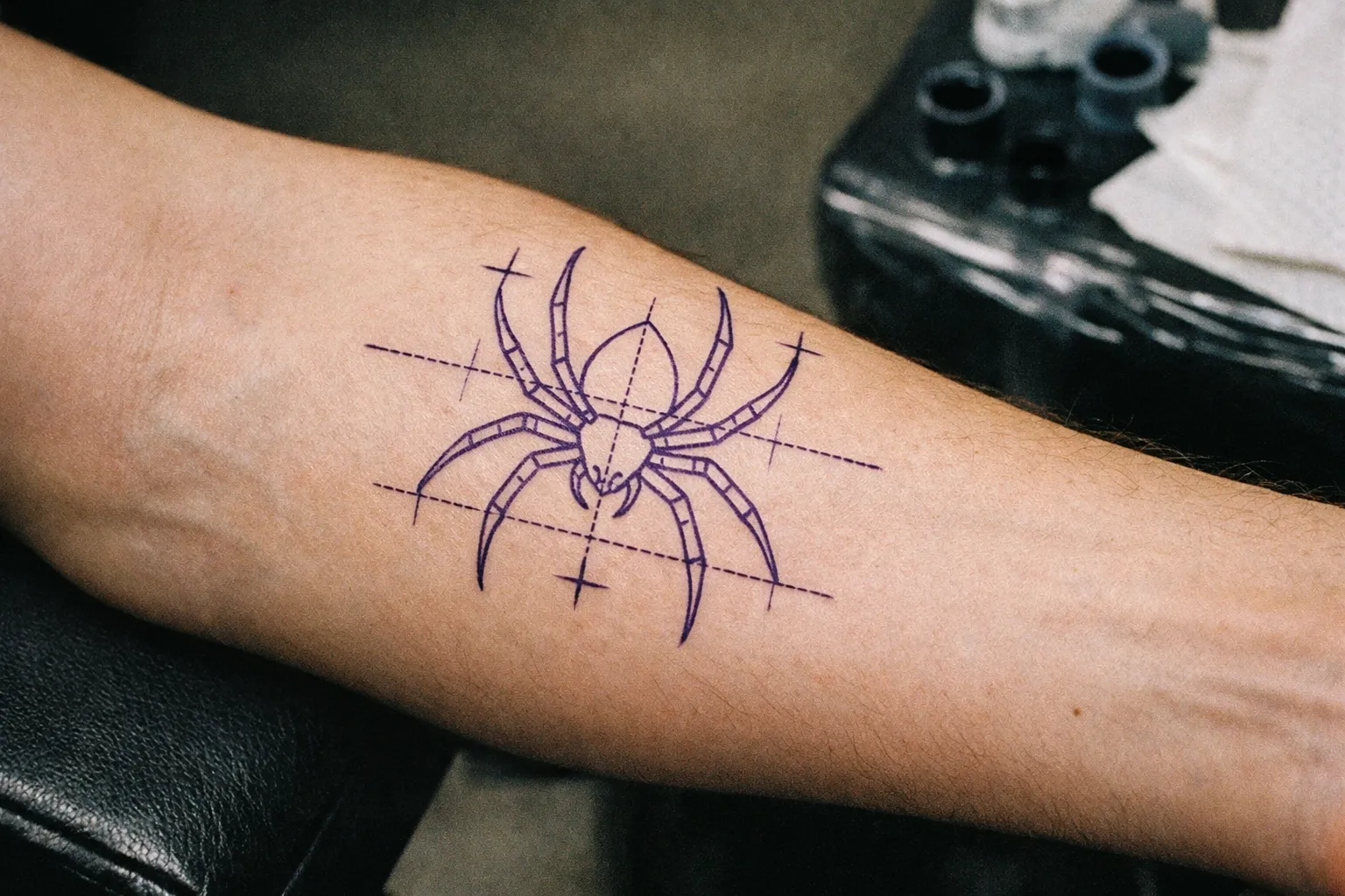 Forearm with a spider tattoo stencil and planning marks, illustrating careful layout to avoid errors.