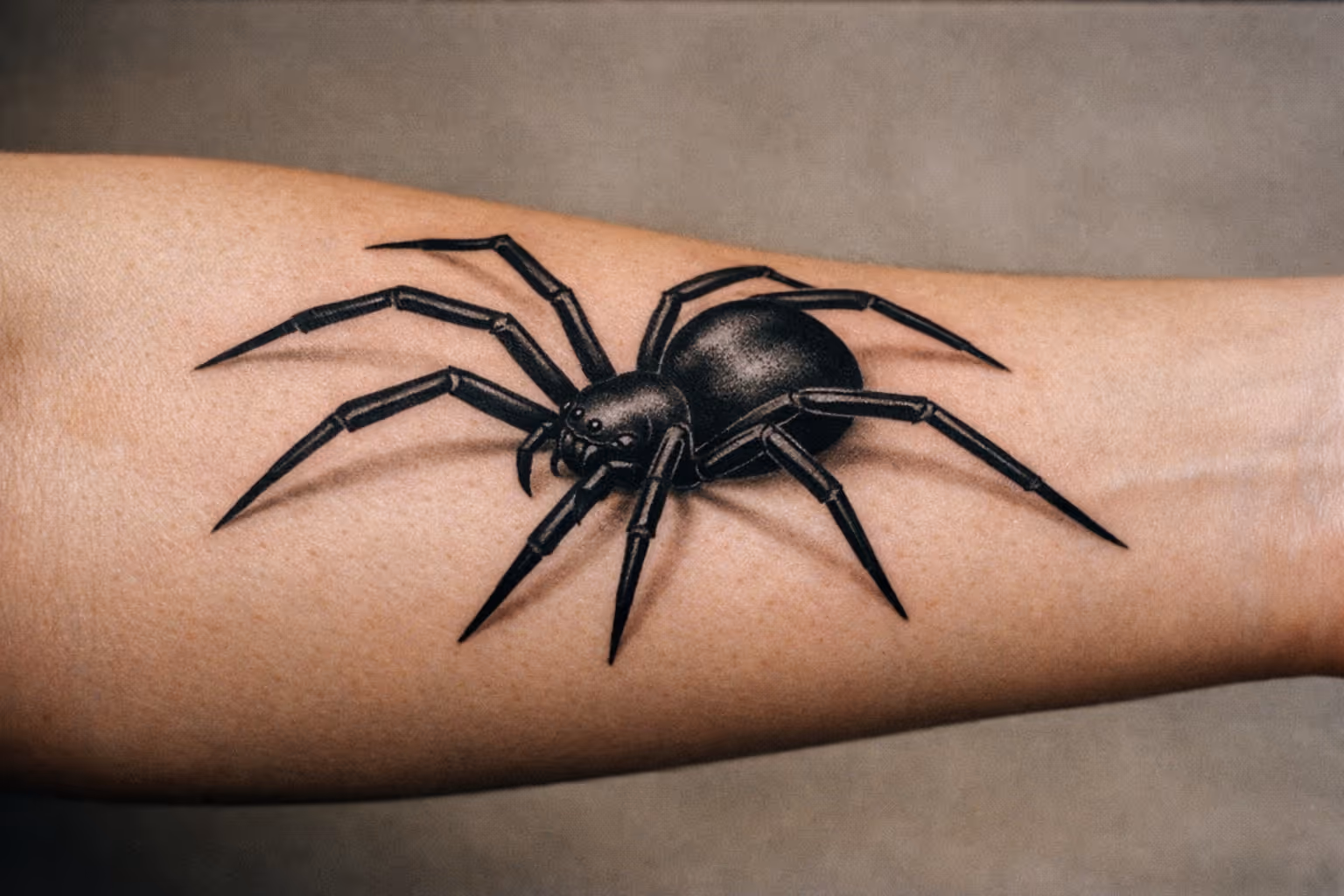 A dramatic spider tattoo on forearm, showcasing bold black linework and subtle shading.