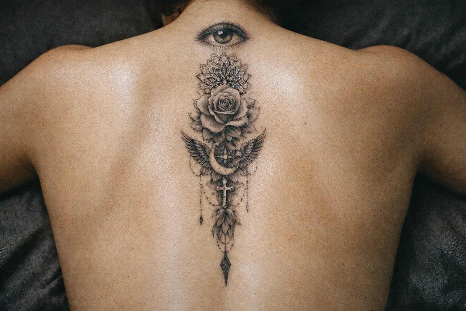 A person lying face down shows a large ornamental spine tattoo on their back.
