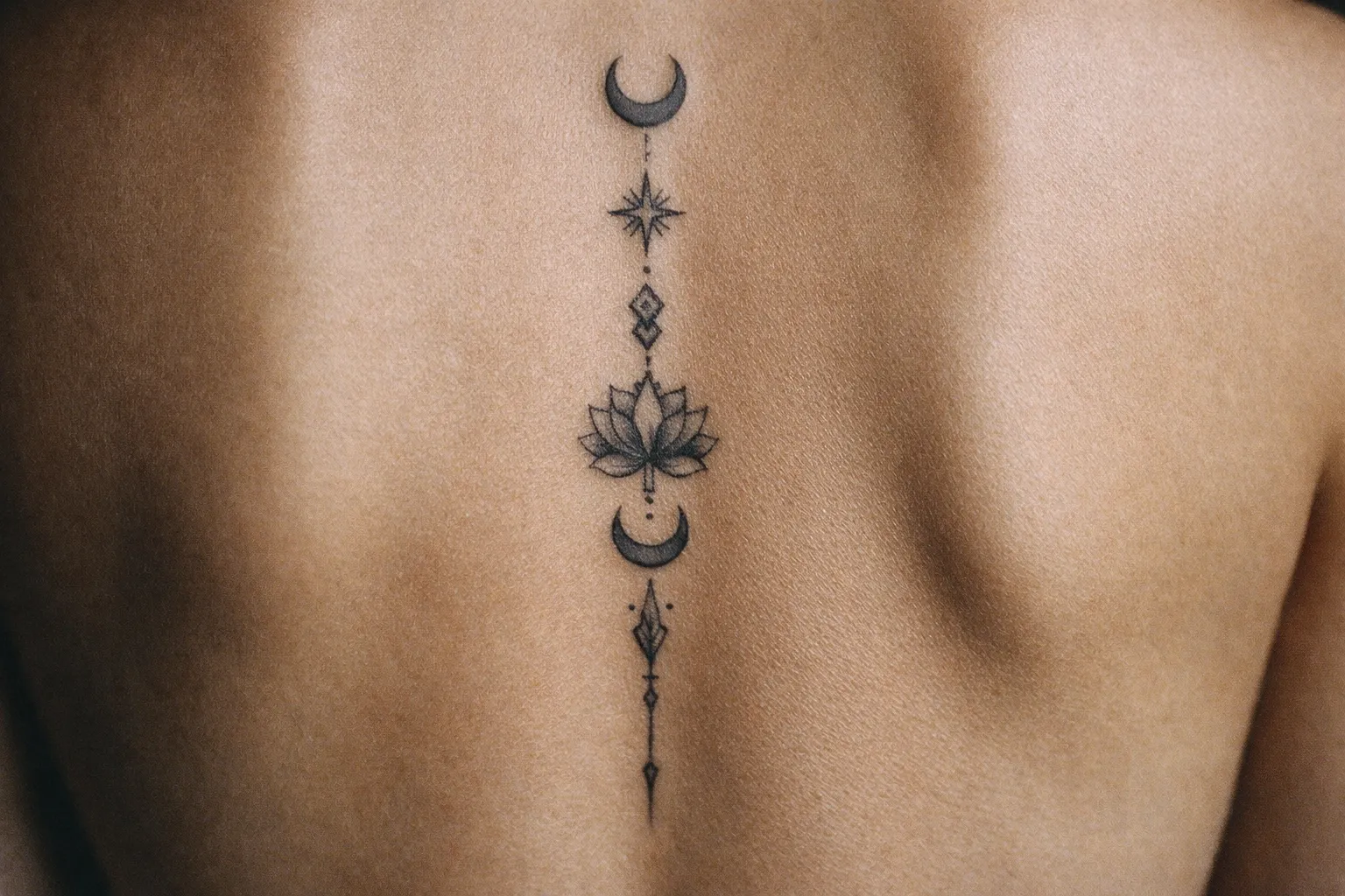 A person with a geometric and floral tattoo running along their spine.