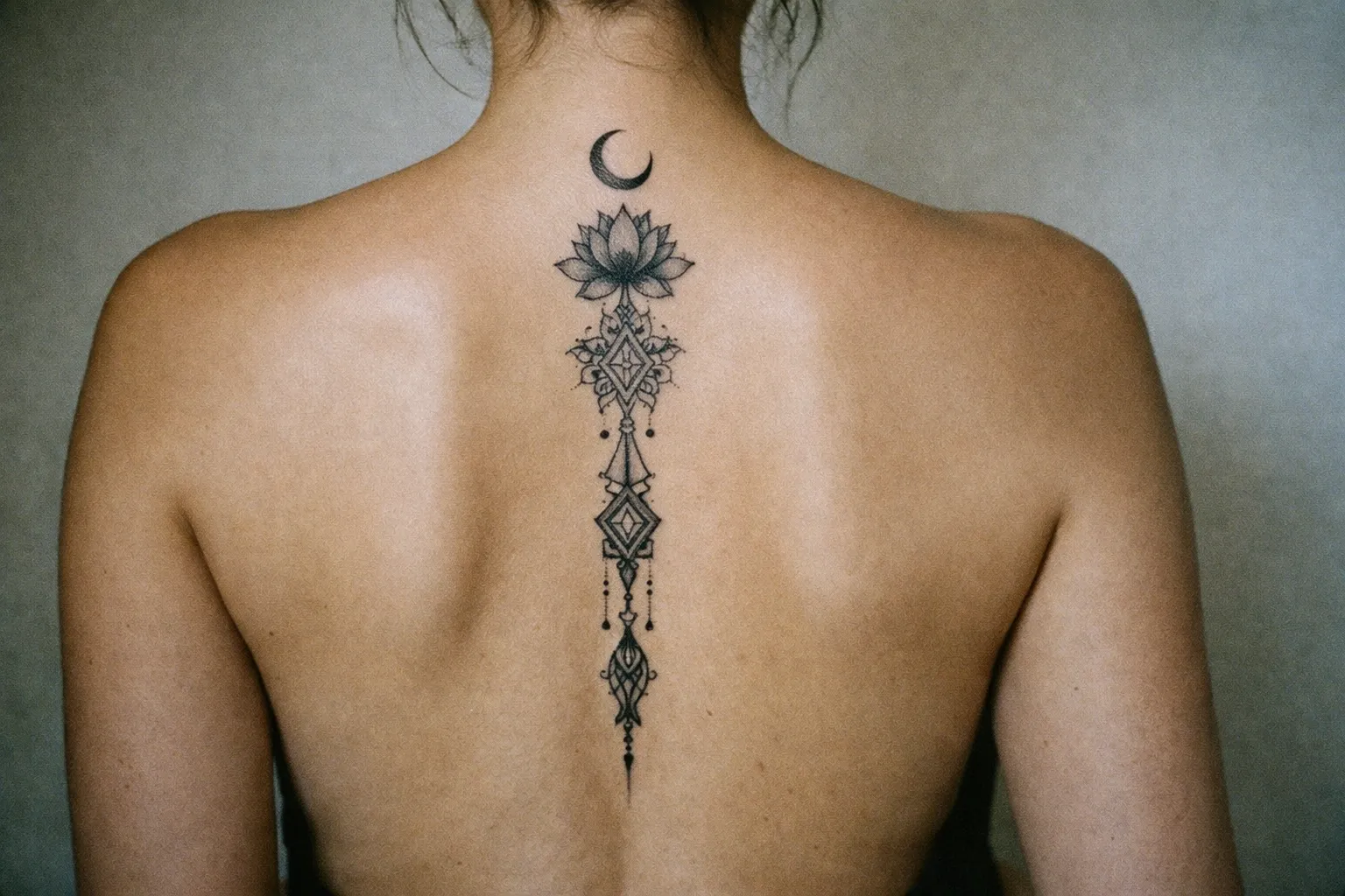 A person with a detailed spine tattoo featuring geometric designs and a lotus flower on their bare back.