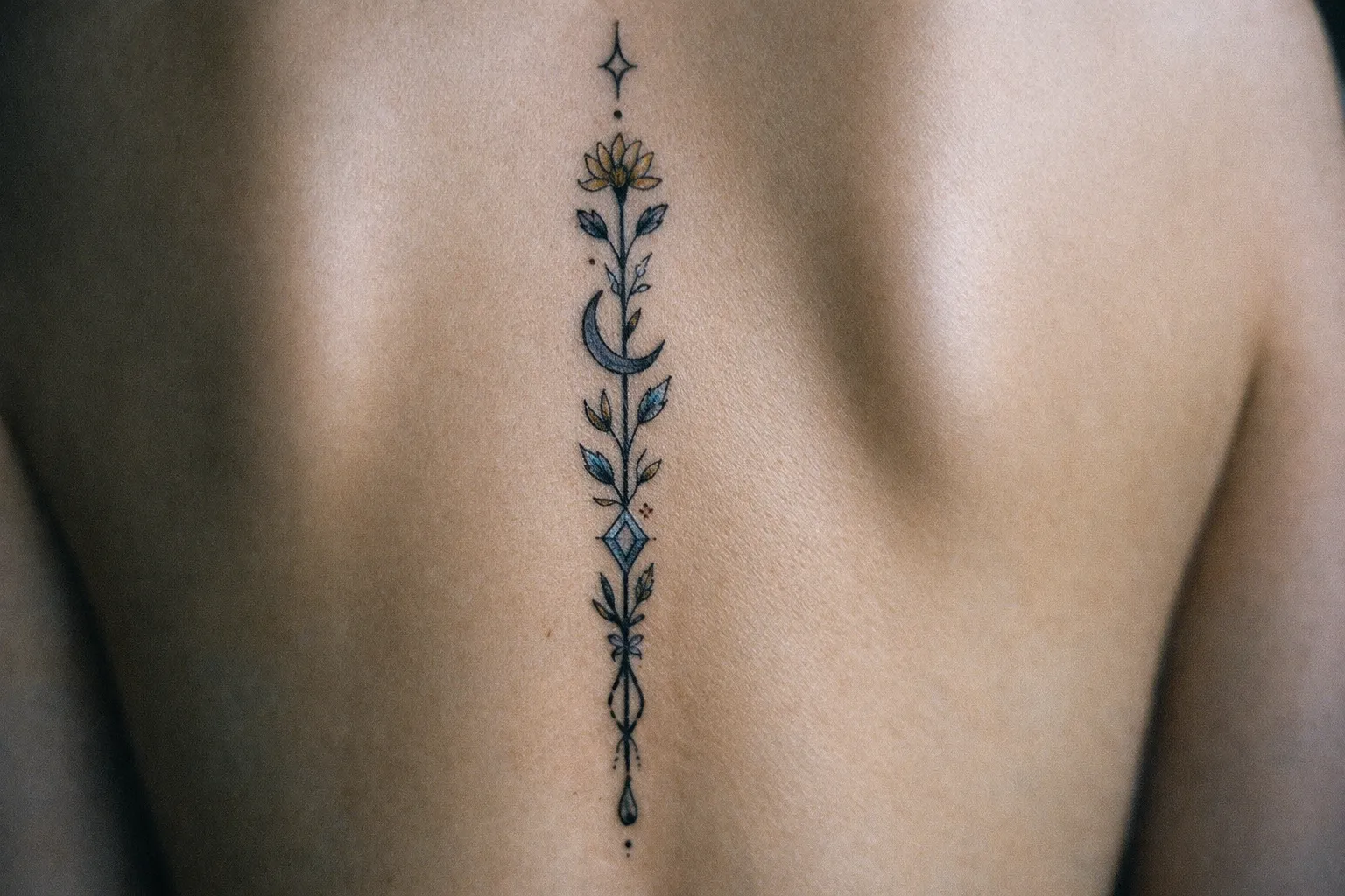 A person with a vertical floral and geometric tattoo along their spine.