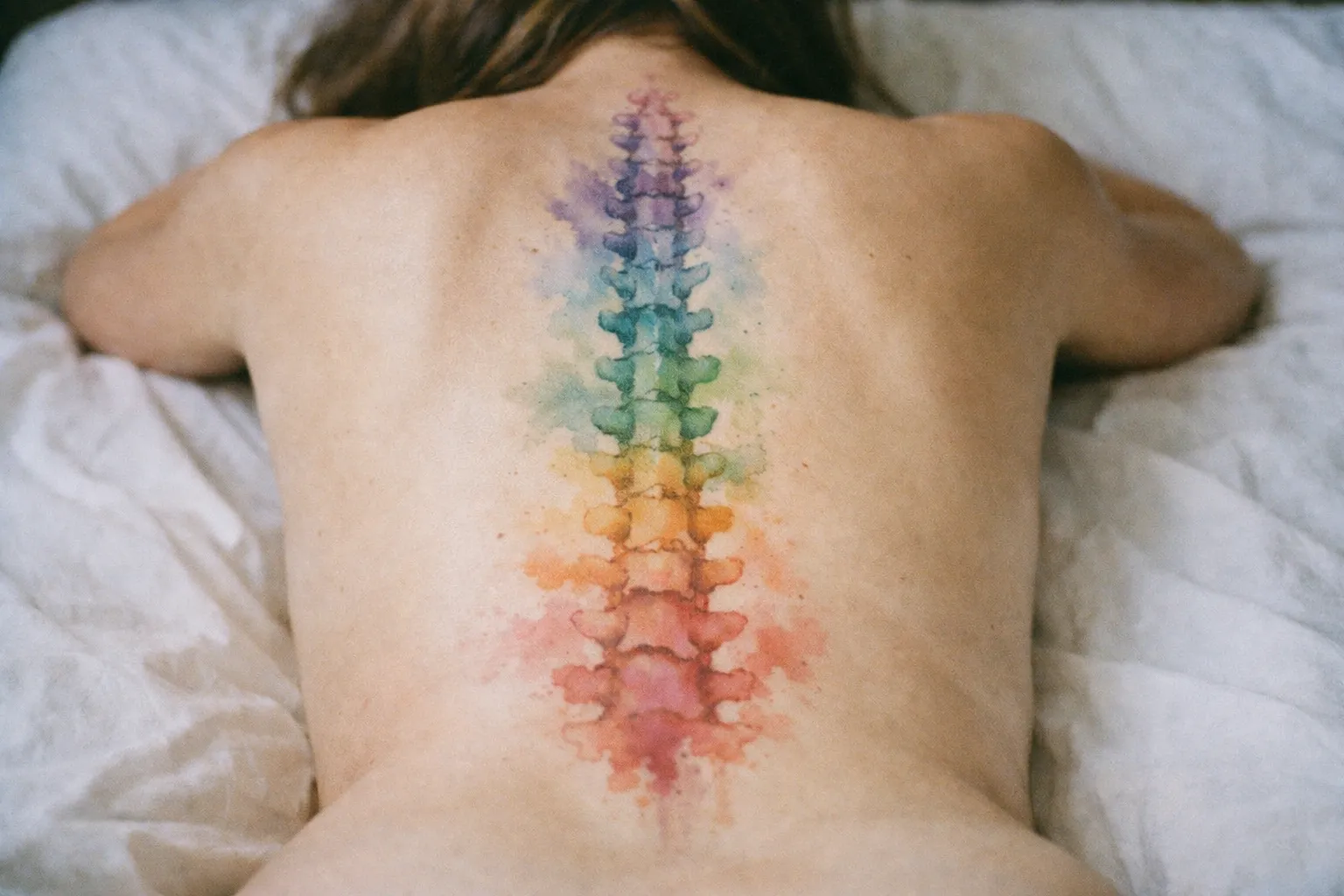 A person lies face down on a bed with a colorful spine tattoo along their back.