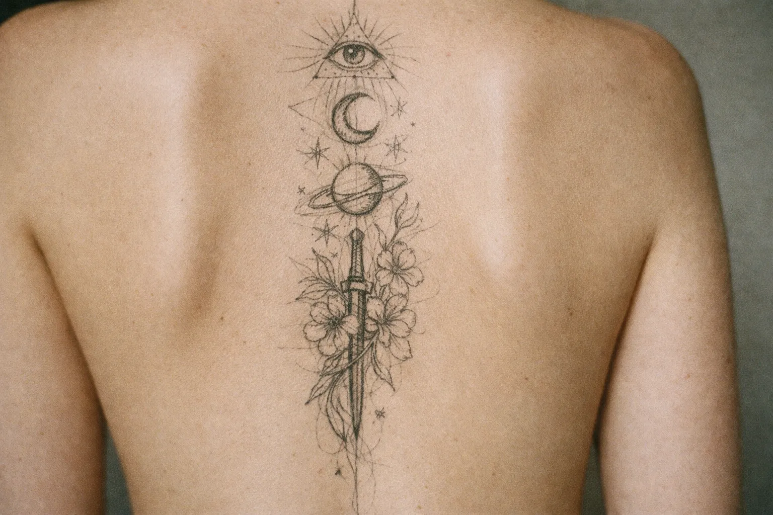 A person shows a detailed tattoo running down the center of their bare back.