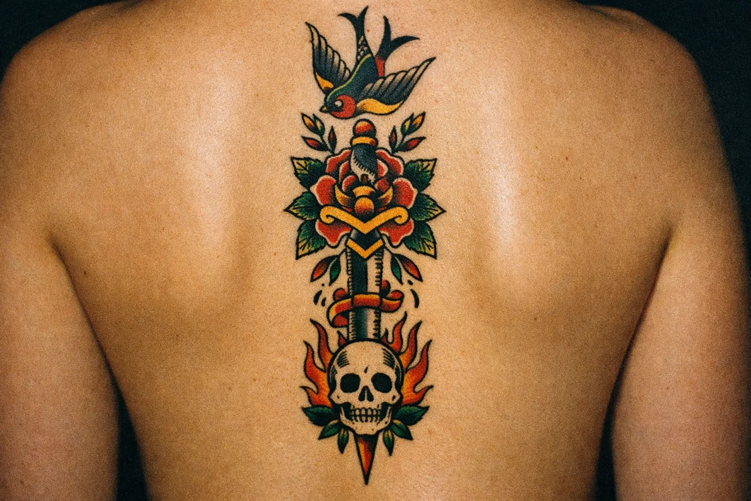 A person's back with a colorful tattoo running along the spine featuring a bird, rose, dagger, and skull.