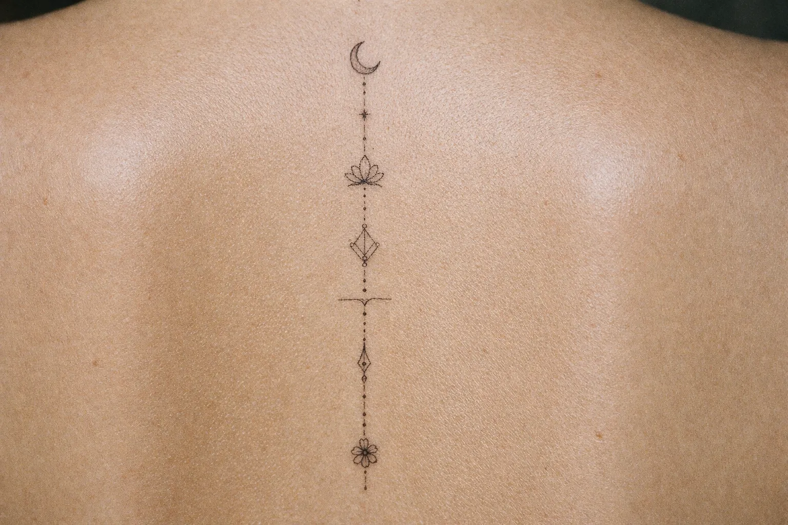 A delicate geometric and floral tattoo runs down the center of a person's bare spine.