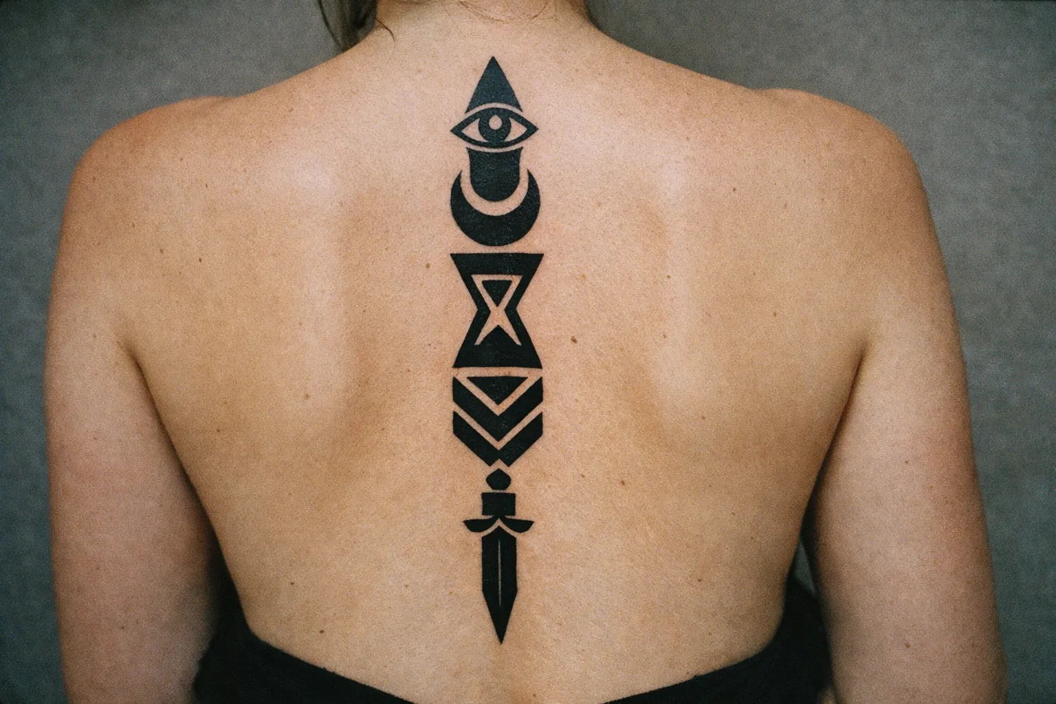 A person with a large black geometric spine tattoo is shown from behind.