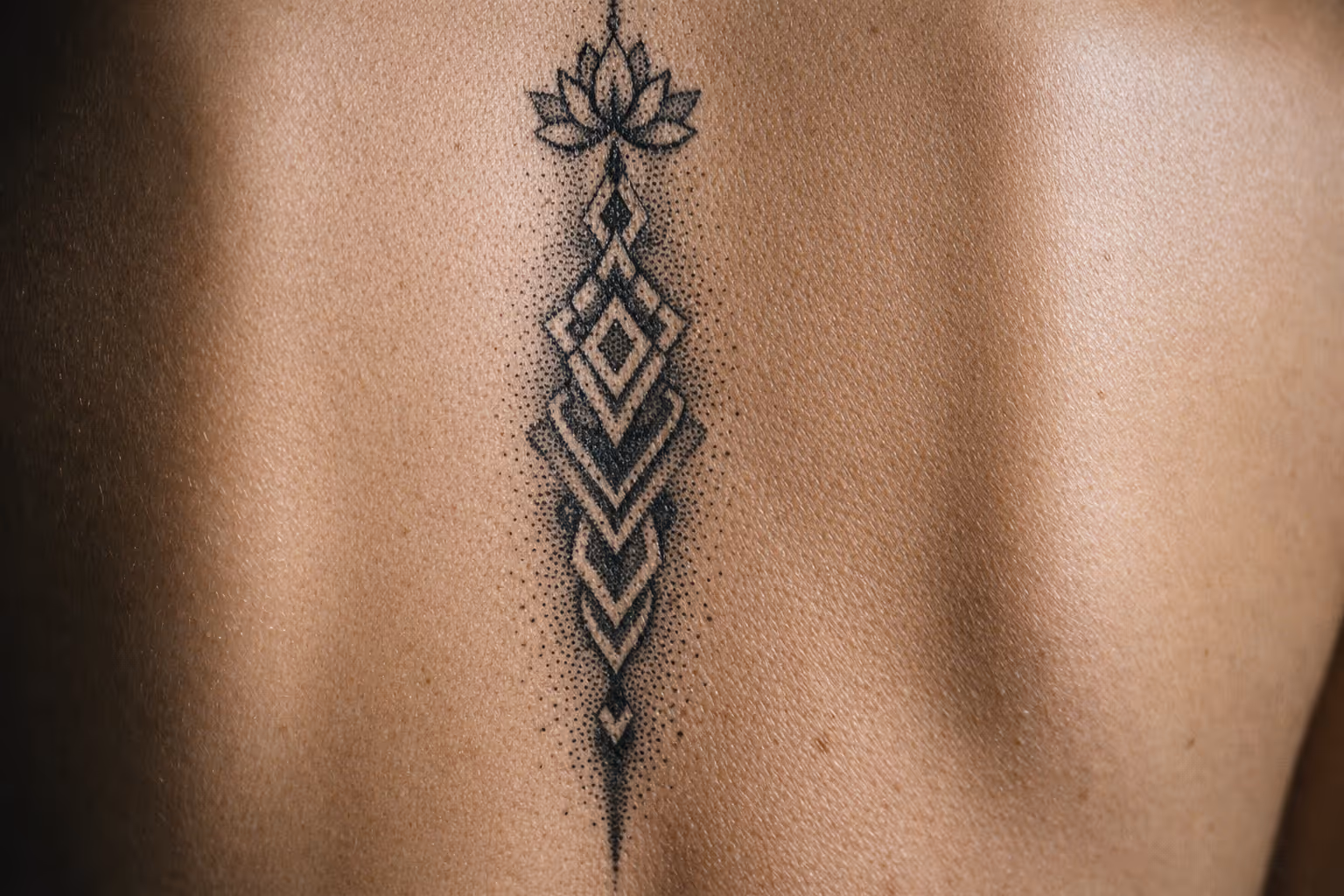 A geometric and lotus spine tattoo on a person's bare back.