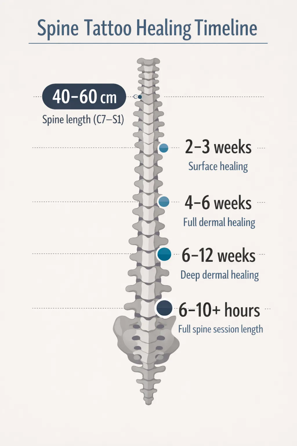 Timeline infographic showing spine tattoo data: spine length 40-60 cm; epidermal healing 2-3 weeks; full dermal healing 4-6