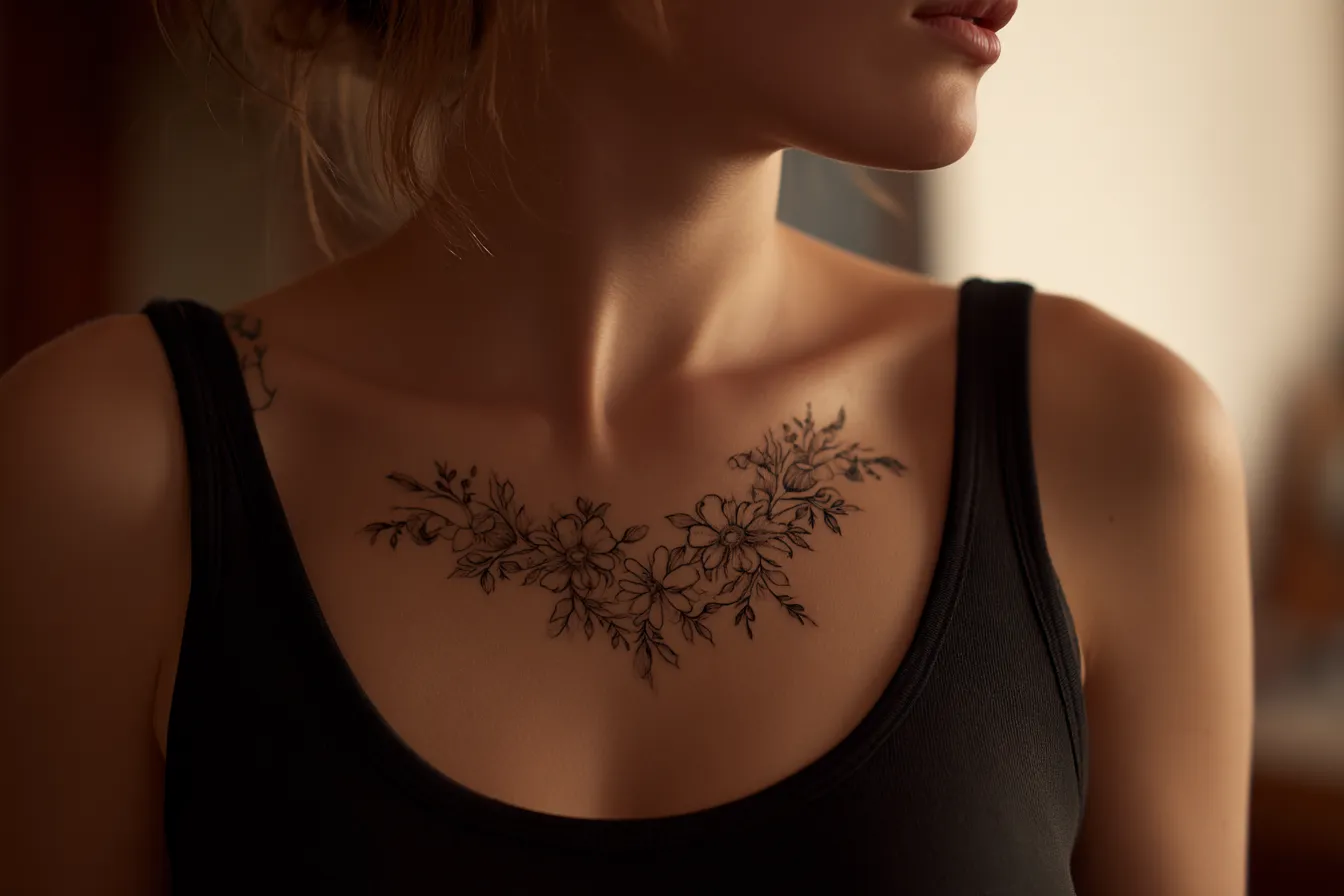 Fine-line floral sternum tattoo on the upper breastbone, just above a scoop-neck top