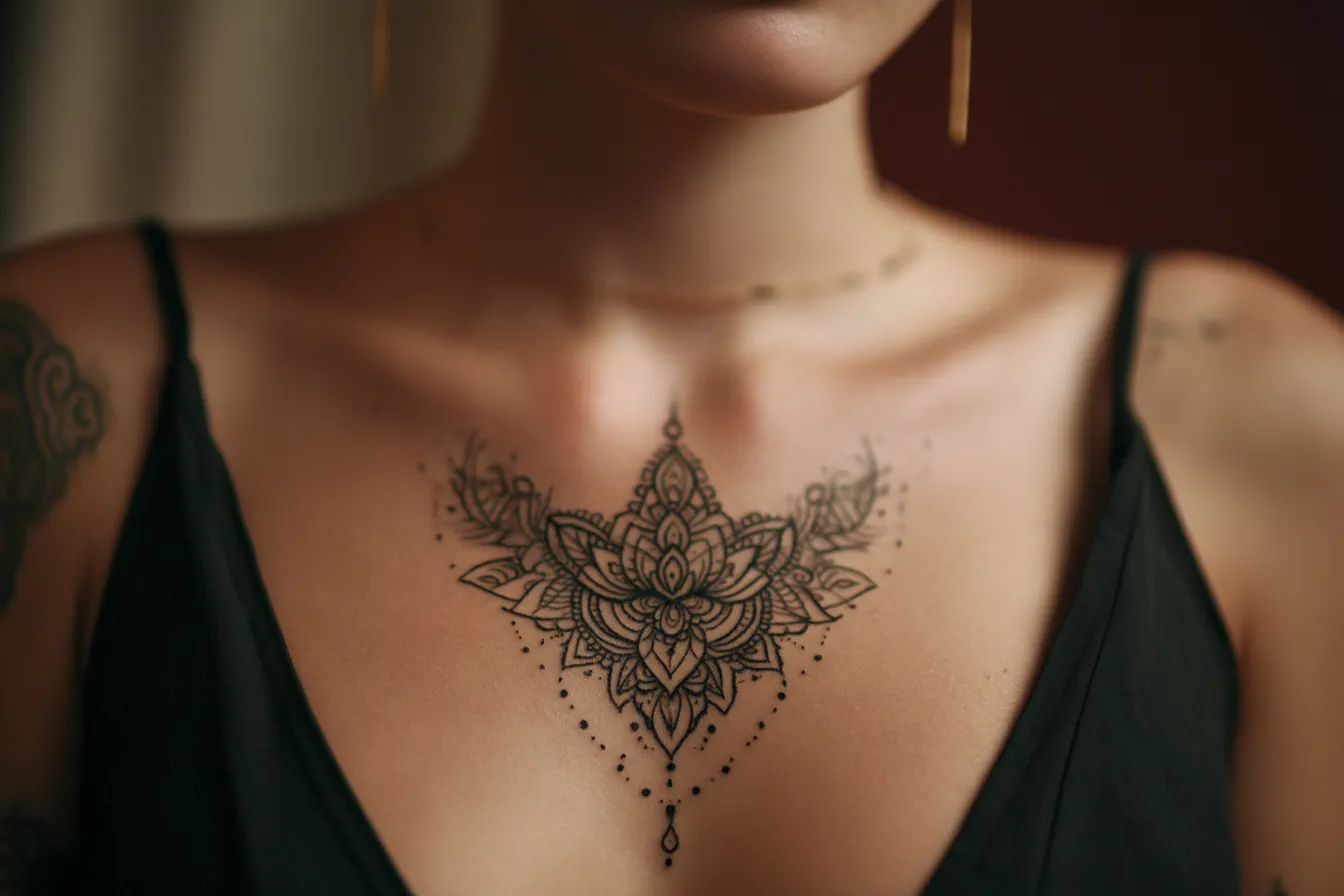 Intricate mandala sternum tattoo with symmetrical dotwork centered on the breastbone
